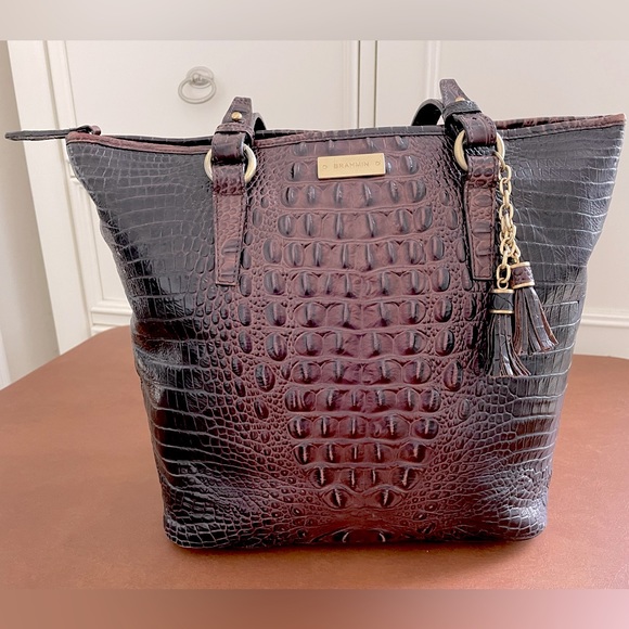 Brahmin EUC leather shoulder tote bag in brown and black with gold tone hardware - Picture 1 of 16